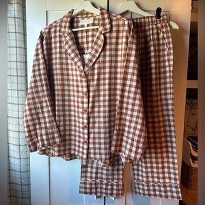 THE GREAT. Brown Check Gingham Pajama Shirt Pant Set
